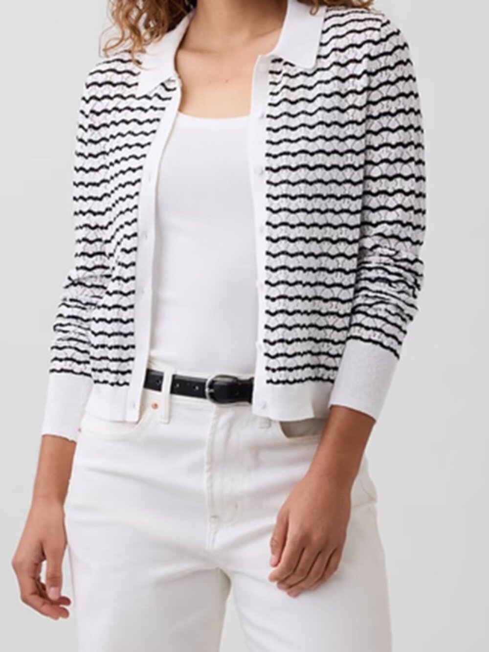 Gap Lightweight 100% Cotton Lace-Stitch Collared Black & White Cardigan size S